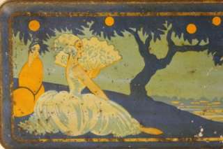 Antique French Art Nouveau ladys at the lake scene biscuit tin.1910s 