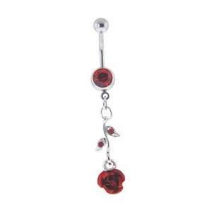  Red Long Stem Rose Gem Dangle Belly Ring: Jewelry