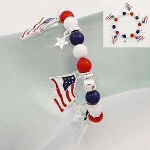  Bracelet ~ Red/White/Blue Flags & Beads ~ Stretch 