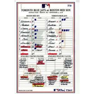  Blue Jays at Red Sox 9 13 2008 Game Used Lineup Card (MLB 