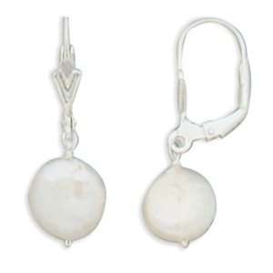  Sterling Silver Coin Cultured Freshwater Pearl Earrings 