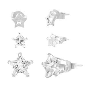   Silver Cubic Zirconia Star shaped Stud Earrings (Set of 3): Jewelry