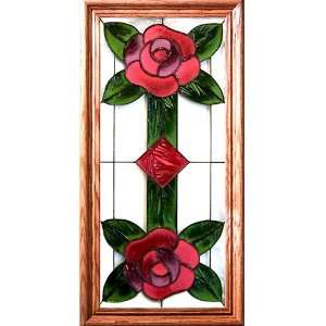  Victorian DOUBLE ROSE Suncatcher Window 11x22 Glass Panel 