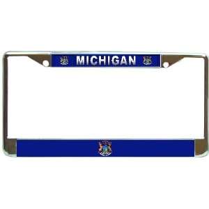 Michigan Mi State Flag Chrome Metal License Plate Frame Holder