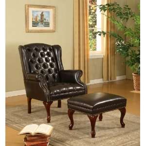   Dark Brown Leather Like Wing Chair & Ottoman