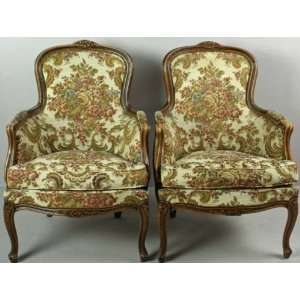  Vintage French Country Louis XV Walnut Pair Arm Chairs 