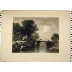   Antique Print View Wooden Bridge River Country Bentley