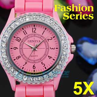   Lots of 5pcs Pink Gel Lovely Womens Sport Wrist Watches Bling Crystal