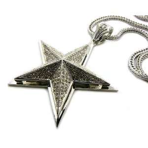  Iced Out 3D Pyramid STAR Pendant w/Franco Chain Silver 
