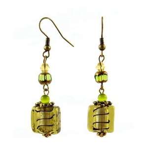  Earrings   Murano Style Glass   Sm Square ~ Green Gold 
