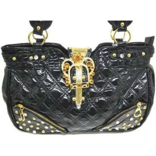  Quilted Glossy Black Jeweled Goldtone Studded Purse 
