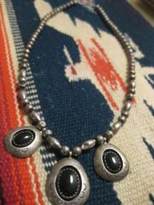 VTG Navajo Early Teddy Goodluck Sterling Bead Necklace Onyx Pendant 20 