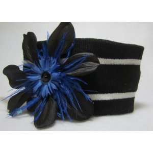 Black Winter Knit Ear Warmer Headband with Ostrich Feathers and Flower