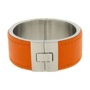  Womens Stainless Steel with Orange Leather Cuff Bracelet 