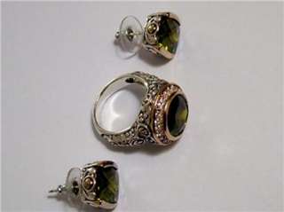 Green Tourmaline 925 Silver Ring Sz7.5 &T Earrings 14k Gold Accents 