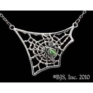   Web Necklace, Sterling Silver, Green set gemstone, Spider Animal
