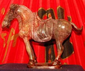 Small Chinese Red Carved Jade Statue of Standing Horse  
