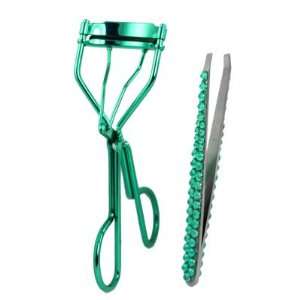Rosallini Green Bejeweled Decor Metal Eyelash Curler Tweezers Set 