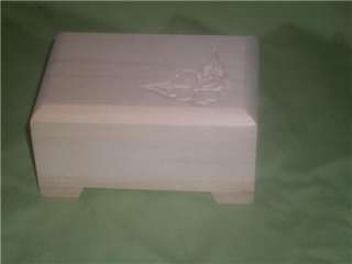 SMALL UNFINISHED WOODEN BOX WITH FLAT LID & ROSE CARVED IN TOP  