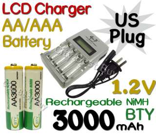 AA 2A 3000mAh Ni MH 1.2V Volt Rechargeable Battery US LCD Charger 
