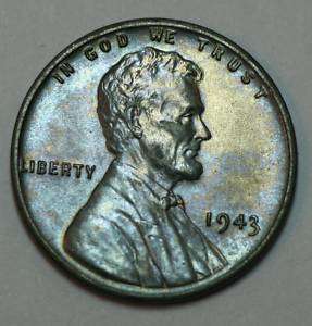 Neat Toning 1943 P Lincoln Penny Steel Corroded Rev AU  