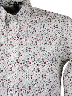 Mens Retro Floral Shirt L/S Button Down Collar Cream  