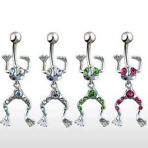 Belly Ring with Green Encrusted Frog   14G   3/8 Bar Length   Sold 