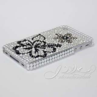 Black Flower design with white background bling case for Iphone4G 4S 