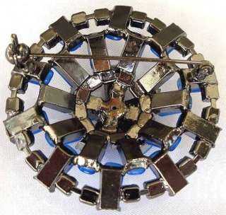   Vintage Dark Periwinkle Blue Glass & Rhinestone Brooch Pin  