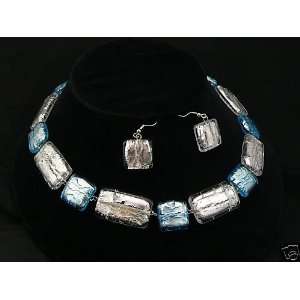  Italian Murano Glass Necklace Earrings Jewelry Set, silver 