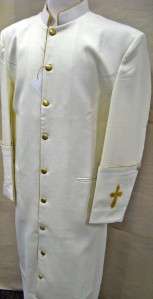 New Mens Clergy Preacher Pastor Cassock Robe Cream/Gold With Cross on 