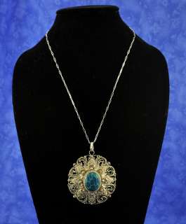 900 Purity Silver Filigree Blue Green Clay Necklace  