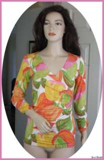 CABI NWT Bright Colorful Spring Tulip Floral Stretch Ruched Wrap Shirt 