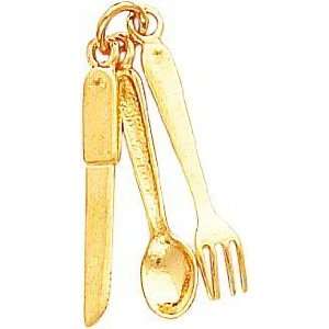  14K Yellow Gold 3D Knife Fork & Spoon Charm: Jewelry