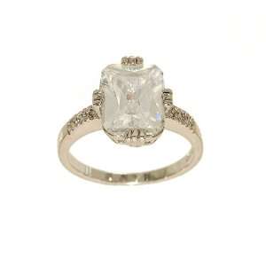 Amazing Detail Silvertone Fashion Ring with Emerald Cut Clear Cubic 