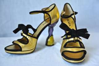 PRADA*RUNWAY*Sculpted Flower Heel Gold Leather+Velvet Pump High Heel 
