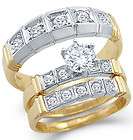 CZ Engagement Ring Set & Wedding Bands 14k White Yellow