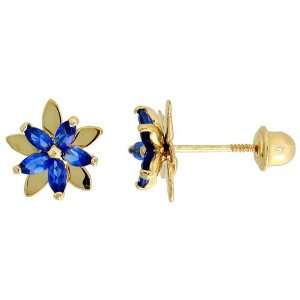   Flower Stud Earrings, w/ Marquise Cut Blue Sapphire colored CZ Stones