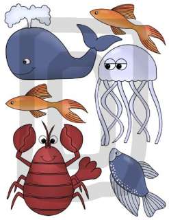   is 5 x 3.5, the crab is 4.75 x 4.75, & blue fish is 2.5 x 4