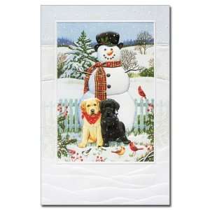   Backyard Snowman and Labs Embossed Christmas Cards