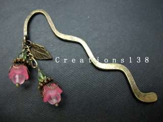   Pink Lucite Flower Glass Beaded Metal Bookmark Christmas Gift  