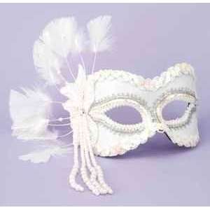  Mardi Gras Venetian Masquerade White Feathered Half Mask 