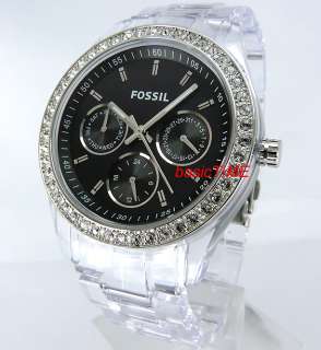 FOSSIL LADIES WATCH MULTIFUNCTION SPARKLING STONES CLEAR ACRYLIC 