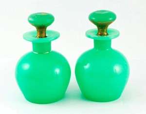 Antique Pair Green Opaline Perfume Bottles Gold Neck France  
