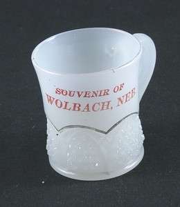 EAPG Milk Glass Button Arches Wolbach Nebraska Souvenir Cup Toothpick 