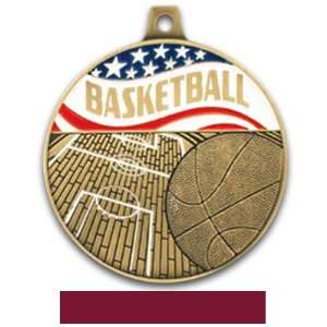   Americana Custom Basketball Medals GOLD MEDAL/MAROON RIBBON 2.25 MEDAL