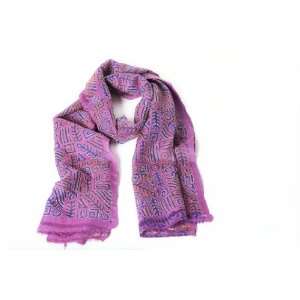  Purple Pattern Kantha Silk Scarf (Yellow and White Threads 