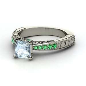  Megan Ring, Princess Aquamarine Platinum Ring with Emerald 