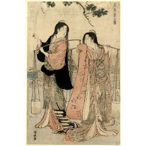  1784 Japanese Print two women carrying buckets of salt suspended 
