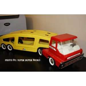   Red and Yellow Car Carrier Semi Truck Cab and Trailer 